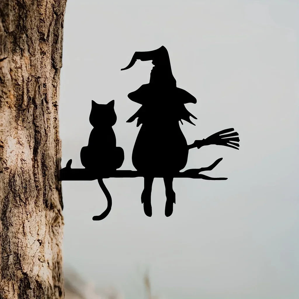 Garden Stake Iron Silhouette Cute Witch and Cat Tree Stump Plug-in Yard Art for Lawn Courtyard Decor