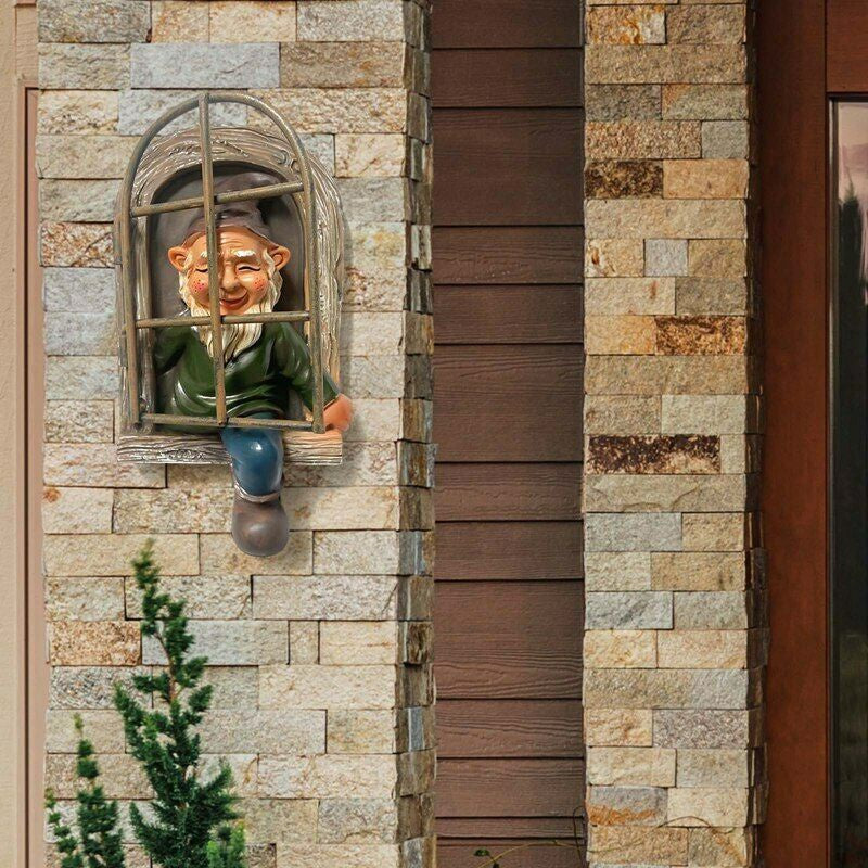 Elf Out The Door /Window Tree Hugger Naughty Garden Gnome Statue Tree Decor