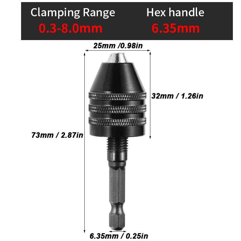 0.3mm-8.0mm Mini Keyless Chuck Electric Drill Bits Collet Converter Extension Screwdriver Chucks Adapter Fixture 1/4" Hex Shank