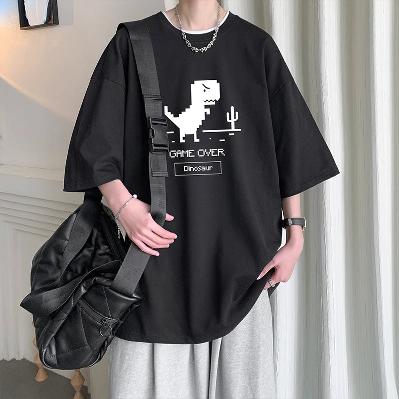 Men's Cotton T-shirts White Funny Mens Oversized T Shirt Dinosaur Print Summer Casual Wear 5XL Tee Shirts for Men Male