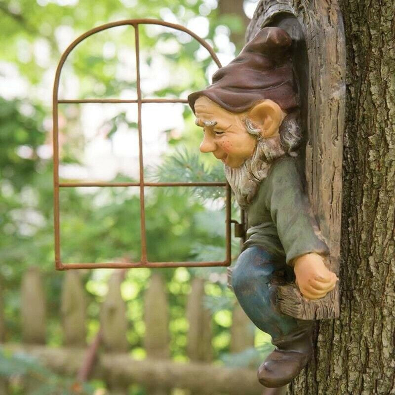 Elf Out The Door /Window Tree Hugger Naughty Garden Gnome Statue Tree Decor