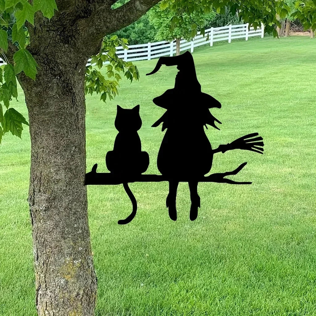 Garden Stake Iron Silhouette Cute Witch and Cat Tree Stump Plug-in Yard Art for Lawn Courtyard Decor