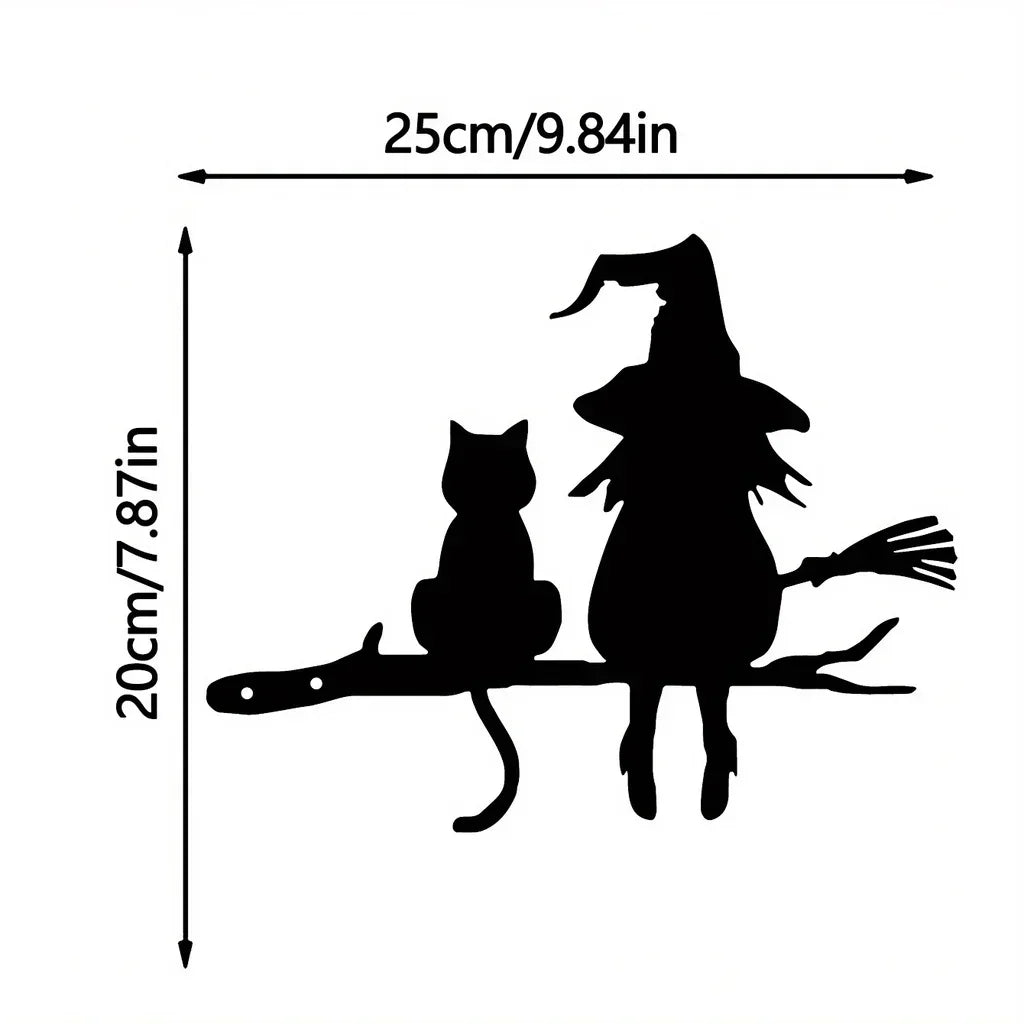 Garden Stake Iron Silhouette Cute Witch and Cat Tree Stump Plug-in Yard Art for Lawn Courtyard Decor