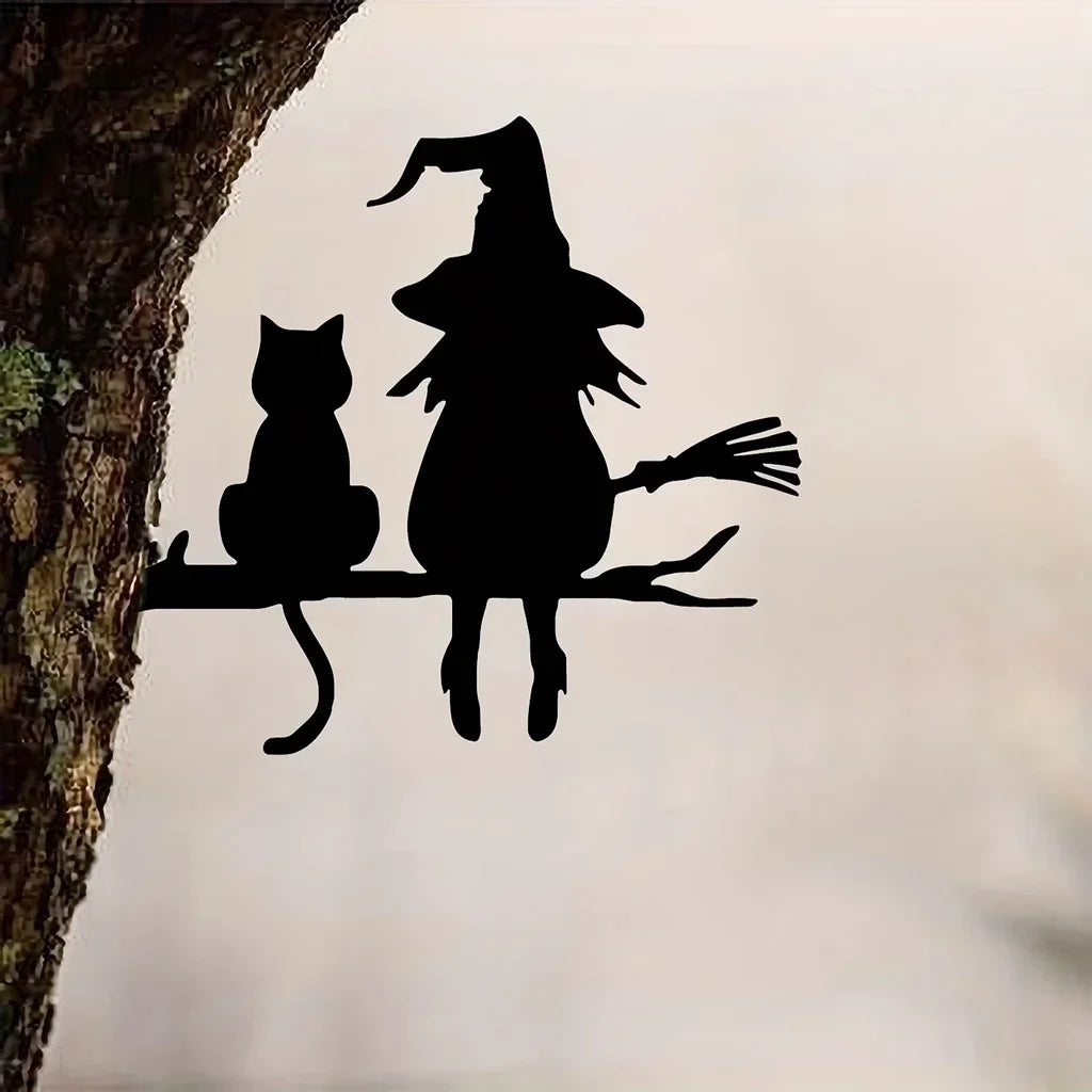 Garden Stake Iron Silhouette Cute Witch and Cat Tree Stump Plug-in Yard Art for Lawn Courtyard Decor