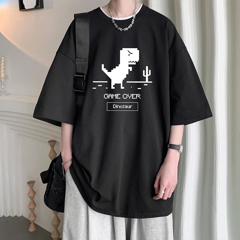 Men's Cotton T-shirts White Funny Mens Oversized T Shirt Dinosaur Print Summer Casual Wear 5XL Tee Shirts for Men Male