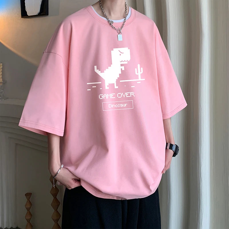 Men's Cotton T-shirts White Funny Mens Oversized T Shirt Dinosaur Print Summer Casual Wear 5XL Tee Shirts for Men Male