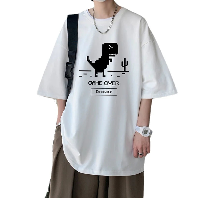Men's Cotton T-shirts White Funny Mens Oversized T Shirt Dinosaur Print Summer Casual Wear 5XL Tee Shirts for Men Male