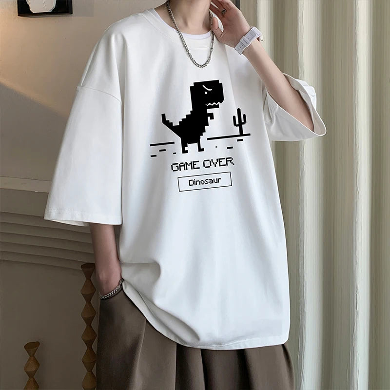 Men's Cotton T-shirts White Funny Mens Oversized T Shirt Dinosaur Print Summer Casual Wear 5XL Tee Shirts for Men Male