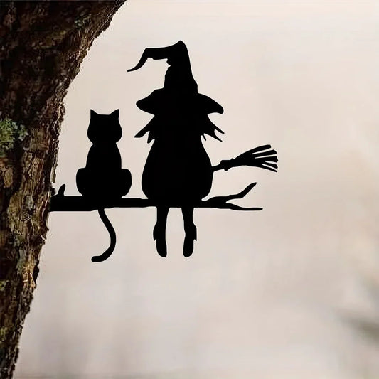 Garden Stake Iron Silhouette Cute Witch and Cat Tree Stump Plug-in Yard Art for Lawn Courtyard Decor