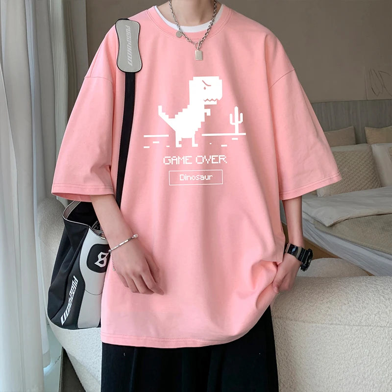 Men's Cotton T-shirts White Funny Mens Oversized T Shirt Dinosaur Print Summer Casual Wear 5XL Tee Shirts for Men Male