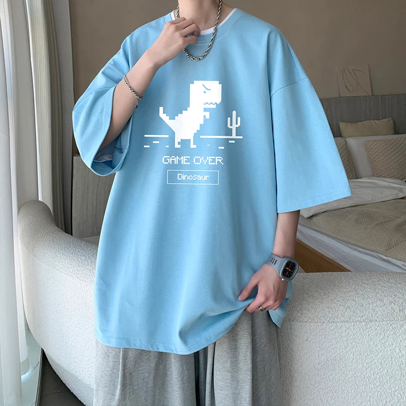 Men's Cotton T-shirts White Funny Mens Oversized T Shirt Dinosaur Print Summer Casual Wear 5XL Tee Shirts for Men Male